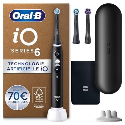Oral-B iO 6 Brosse À Dents Électrique Noire Pour Adultes, 5 Modes De Nettoyage Avec Blancheur Et Douceur, Capteur De Pression Pour Protéger Les Gencives, 3 Brossettes De Rechange, 1 Étui De Voyage