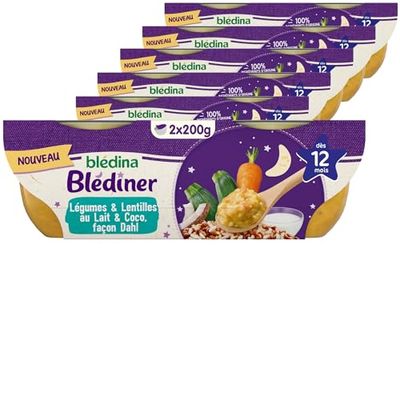 BLÉDINA - Bols - Repas Soir Bébé - Légumes et lentilles au lait et Coco, Façon Dahl - dès 12 Mois - sans Sel Ajouté - 12 x 200 g