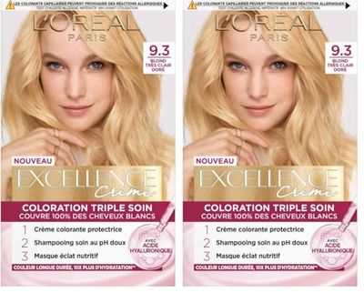 L’ORÉAL PARIS - Coloration Cheveux Permanente Triple Soin - Couvre 100% des Cheveux Blancs - Excellence Crème - Nuance : Blond Très Clair Doré (9.3) (Lot de 2)