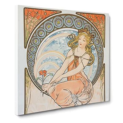 Flower In Hand by Alphonse Mucha Classic Painting Canvas Wall Art Print Ready to Hang, Framed Picture for Living Room Bedroom Home Office Décor, 14x14 Inch (35x35 cm)