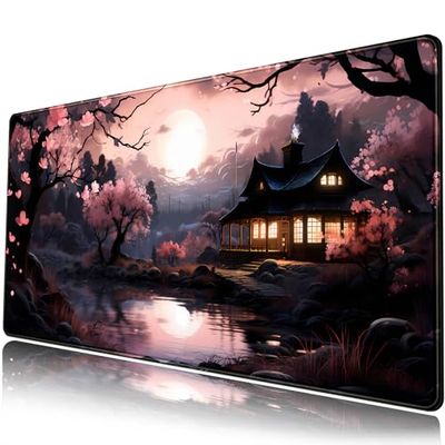 Grand tapis de souris japonais à fleurs sakura, esthétique élégante noire et rose, tapis de bureau de jeu XXL étendu, tapis de clavier pour ordinateurs et ordinateurs portables, 80 x 40 cm, décoration