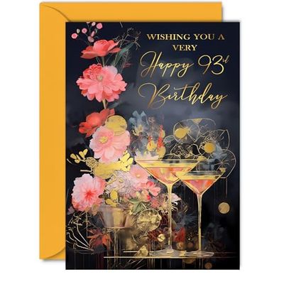 Beautiful Gold 93rd Birthday Cards for Women Men - Wonderful Golden Cocktails - Elegant Traditional Pretty Birthday Card for 93 Year Old Woman Man Her Him, 5x7 Inch Gorgeous Greeting Cards Gift
