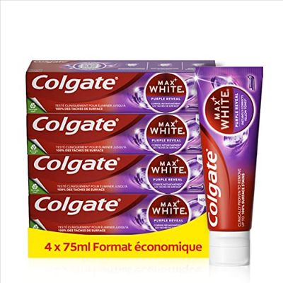 Colgate Max White Purple Reveal Dentifrice Blancheur, Élimine instantanément la couleur jaune des dents, Cliniquement Prouvé, Lot de 4 Tubes de 75 ml.