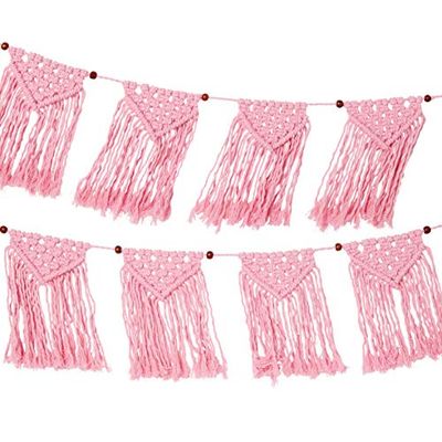 Roze macramé geweven guirlande - 1,3 m | 100% katoenen stof Bunting voor meisjes slaapkamer, Boho huisdecoratie, woonkamer, verjaardagsfeestje decoraties, Festival