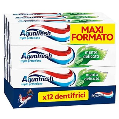 Aquafresh Dentifricio Tripla Protezione, Denti Forti, Gengive Sane, Smalto Rinforzato, Alito Fresco, Gusto Menta Delicata, Pacco da 12x75ml
