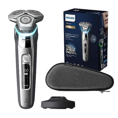 Philips Serie 9000 Afeitadora Eléctrica Hombre, Maquina de Afeitar Barba con Barbero Deplegable, Lift&Cut, Tecnologia SkinIQ, Inalambrica, Recargable, Base Carga, Funda, S9975/35, Cromo