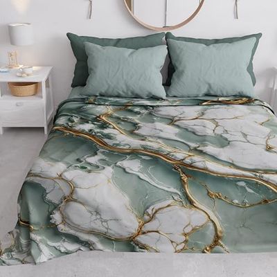 PETTI Artigiani Italiani - Couvre-lit 2 Places (260x260 cm) Printemps Été, Parure de Lit Légère Double, Draps de Lit 2 Personnes, Marbre Sauge, 100% Fabriqué en Italie