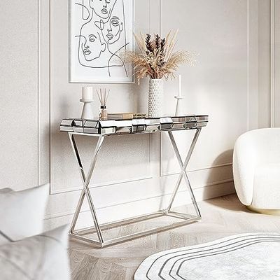 CARME Knightsbridge Table Console Effet Miroir 3D avec Pieds croisés chromés Gris