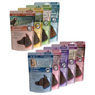 Chewies Hundeleckerli Paquet de Bandes de Viande Riches en protéines 9 x 150 g pour Chiens – Kangourou, Lapin, Canard, Agneau, chèvre, bœuf, gibier, Poisson de mer et Cheval – Snack sans Sucre