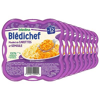 Blédina - Blédichef - Repas Bébé 12 Mois - 9 Plats Mouliné de Carottes et Semoule - Faible Teneur en Sel - Petits Morceaux - Dès 12 Mois - 9 Assiettes de 230g