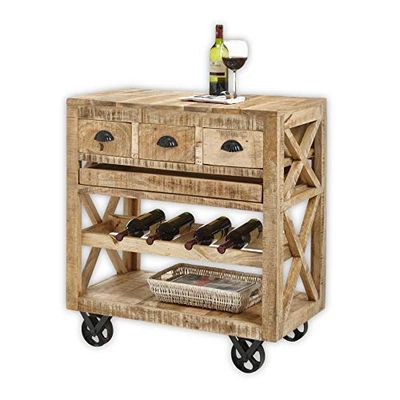 Stella Trading Chariot de Bar Vintage en Bois Massif de Mangue avec Plateau Amovible - Chariot de Service Pratique pour Cuisine, Salon et Salle à Manger - 86 x 93 x 46 cm (l x H x P)