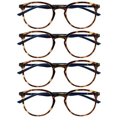 OPULIZE Met Reading Glasses 4 Pack Slim Round Frame Scratch Resistant Spring Hinges Brown Tortoiseshelll Blue Arm Mens Womens RRRR60-2 +2.00