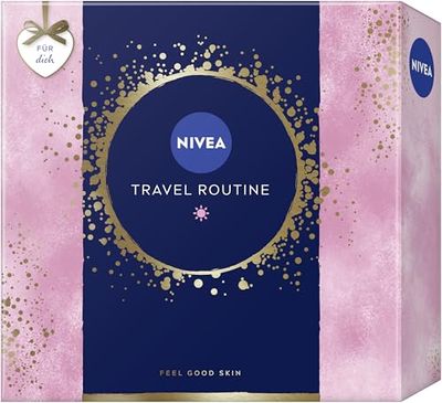 NIVEA Travel rutin presentset, bortskämd vårdset med NIVEA vårdande favoriter, presentförpackning med vårdande dusch, bodylotion, ansiktskräm och necessär