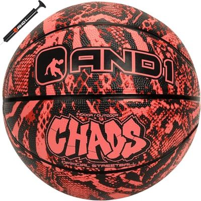AND1 Chaos Baloncesto - Baloncesto oficial de goma tamaño 7 (29.5 pulgadas) – Pelota de calle de construcción de canal profundo, hecha para juegos de baloncesto en interiores y exteriores, selva roja/negra
