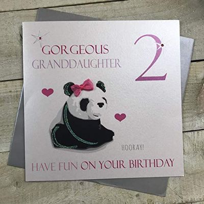 Wit Cotton Cards groot"Panda, Gorgeous Granddaughter 2 plezier op uw verjaardag" handgemaakt 2 nd Birthday