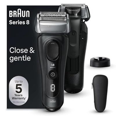 Braun Series 8 elektryczna golarka męska z głowicą golącą 4 + 1, golarka elektryczna, precyzyjna maszynka do długich włosów, stacja ładująca, czas pracy 60 min, na mokro i sucho, wyprodukowano w