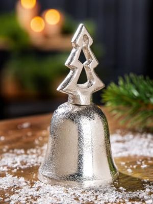 Pack of 6 Bells, Christmas tree motif, Aluminum, silver colored, PU 6, H. 13 cm, D. 7 cm