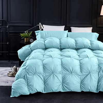 Three Geese Goose Feather Down Comforter Queen Size Duvet, 750+ Fill Power, 1200TC 100% Cotton, Premium Aqua Sky Duvet for All Seasons with 8 Tabs