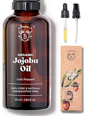 BIOLOGISCHE JOJOBAOLIE | 100% Puur, Natuurlijk & Koudgeperst | Gezicht, Lichaam, Haar, Baard, Nagels | Vegan & Cruelty Free | Jojoba Oil | Glazen Fles + Pipet + Pompje (50ml)