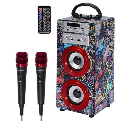 DYNASONIC - Cassa Bluetooth portatile (3a generazione) con modalità karaoke e microfono, radio FM e lettore SD USB (025-21 luci da discoteca Pack)