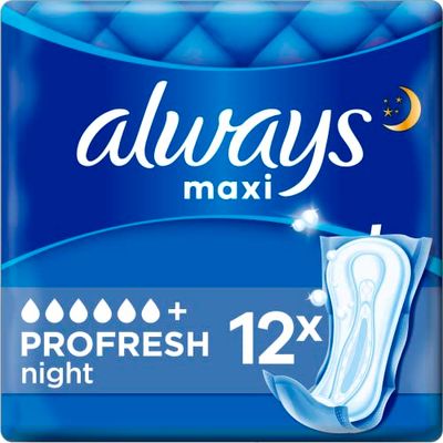 Always Maxi Serviettes Hygiéniques, ProFresh Night, 12 Serviettes Sans Ailettes, Flux Très Abondants Nuit, Cœur Ultra Absorbant et Neutralisation des Odeurs