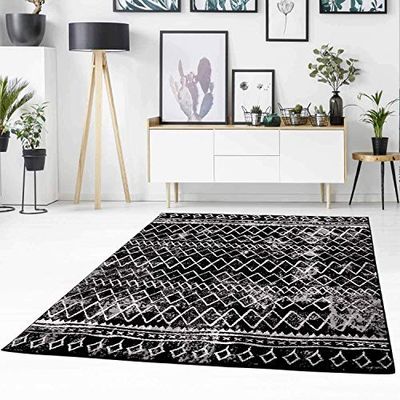 Carpet City - Tappeto a pelo piatto con motivo a zig-zag, moderno, mélange nero per soggiorno, dimensioni: 120 x 170 cm, 120 x 170 cm