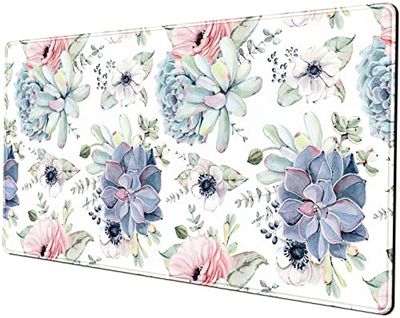 Tapis de bureau, grand tapis de souris de jeu - Base en caoutchouc stable avec bords cousus - Tapis de souris pour clavier pour travail, jeu, bureau, maison, motif plantes grasses à l’aquarelle
