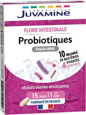 JUVAMINE - Probiotiques Equilibre 4 Souches - Flore Intestinale - Soutient l'Equilibre du Microbiote - 15 Gélules Gastro-Résistantes - Fabriqué en France