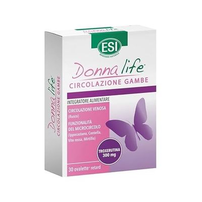 ESI - Donna Life Circolazione Gambe Retard, Integratore Alimentare Rilascio Prolungato con Rutina, Favorisce la Funzionalità del Microcircolo negli Arti Inferiori, Senza Glutine e Vegano, 30 Ovalette