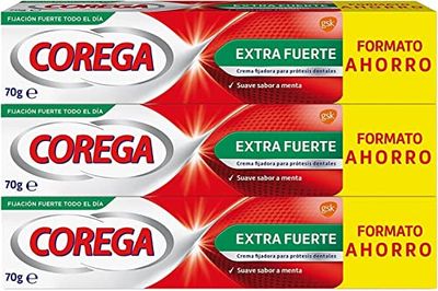 Corega Crema Fijadora Para Prótesis Dentales, Extra Fuerte, Durante Todo el Día, Sabor a Menta Fresca, Pack 3 Unidades x 70 g