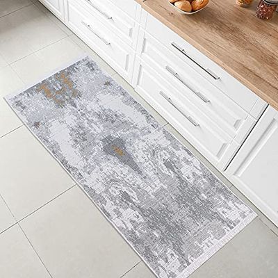 Fashion4Home Dywan z Krótkim Włosiem - Boho Kilim Do Salonu, Sypialni i Kuchni, Bieżnik, Przedpokoju, Pokoju Dziecięcego - Abstrakcyjny, Szaro-Złoty, 80 x 200 cm