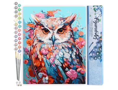 Figured'Art Peinture par Numéro Adulte Hibou coloré en fleurs - Activité Manuelle Kit de Loisir Créatif DIY Numéro d'Art Complet - 40x50cm sans châssis en bois