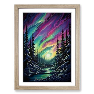 Northern Lights Hard Edge Painting Framed Wall Art Print, Ready to Hang Picture for Living Room Bedroom Home Office, Oak A2 (48 x 66 cm)