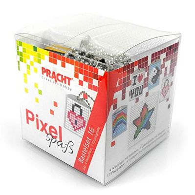 Pixel P90033-63501 Kit de bricolage amusant 16 pour enfants, système d'assemblage simple avec des petites pierres en bioplastique pour créer 4 porte-clés (médaillons), sans repassage ni collage