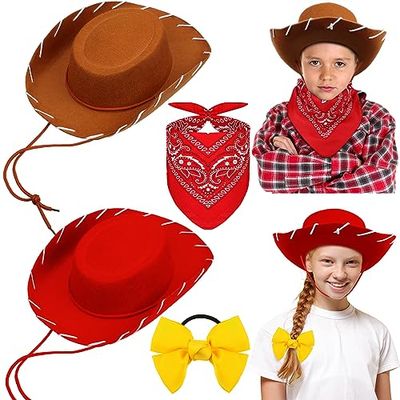 Hercicy 4 Pcs Halloween Cowgirl and Cowboy Costume Set Felt Brown and Red Cowboy Hats Bow and Bandana for Kid Fancy Dress Halloween Party, Red, Brown, One Size