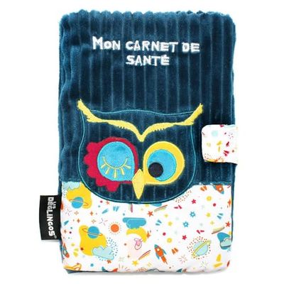LES DEGLINGOS - Protège carnet de santé Astros le Hibou - Bleu - Fermeture en velcro - Ludique - Cadeau enfant et bébé - Tissu doux -Peluche - 25 x 18 cm