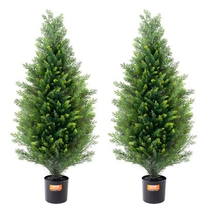 VEVOR Cedar Topiary, 91 cm lang (2 stuks), met extra bladeren en pot, faux groenblijvende nep-dennencipressen plant, UV-gewaardeerd kunstgroen set voor huisdecoratie binnen/buiten, 300 x 300 x 900