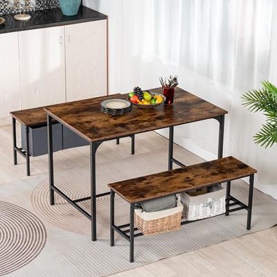 FurenitureR 3-częściowy zestaw do jadalni z 2 ławkami do przechowywania, blat drewniany w stylu vintage, czarna metalowa rama, stół kuchenny 110 cm, 2 ławki do przechowywania 100 cm, rustykalny,