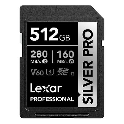 Lexar SILVER PRO Carte SD 512Go, carte mémoire SD UHS-II, V60, U3, C10, Jusqu'à 280Mo/s en lecture, 160Mo/s en écriture, carte SDXC pour DSLR/caméra/photographe/vidéaste/passionné (LSDSIPR512G-BNNAA)