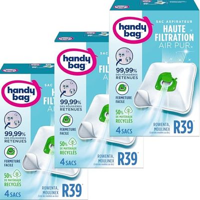 Handy Bag - Sacs aspirateur R39 x4sacs - Compatibles Moulinex, Rowenta, Tefal - 99,99% des poussières retenues - Fermeture facile - Anti-allergène - 50% de matériaux recyclés LOT DE 3