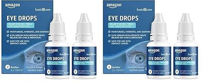 Amazon Basic Care Goccia oculari con ialuronato di sodio 0,2% e acqua distillata di fiori, 15 ml (Confezione da 4)
