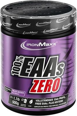 IronMaxx 100% EAAs Zero - Poudre d'acides aminés - Sans sucre au goût Wildberry - 1 x boîte de 500g