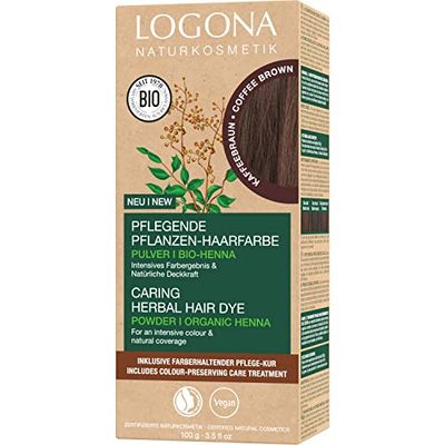 LOGONA Naturkosmetik närande vegetabilisk hårfärg, veganskt hårfärgspulver med ekologisk henna för intensiv färg och glans, växthårfärg i kaffebrun (brun), 1 x 100 g