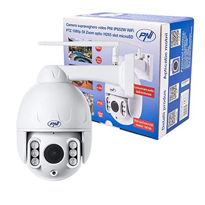 Videocamera di videosorveglianza PNI IP652W WiFi PTZ 1080p 2MP 5X Zoom ottico H265 slot microSD Visione notturna 50m IP66 Allarme rilevamento movimento Comunicazione audio bidirezionale