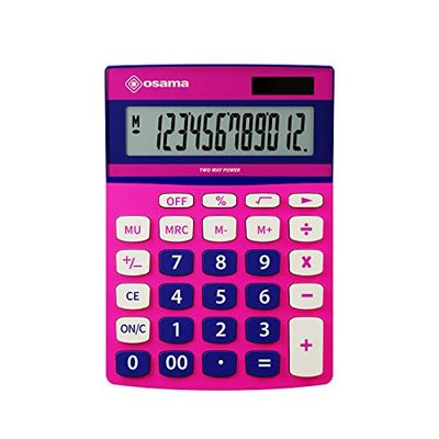 OSAMA - Calcolatrice da Tavolo per Ufficio con 12 Cifre, 3 Tasti Memoria e Doppia Alimentazione - Calcolatrice Professionale Grande con Mark Up per Lavoro e Università, 3.6x11.5x15.5 cm, Rosa/Blu
