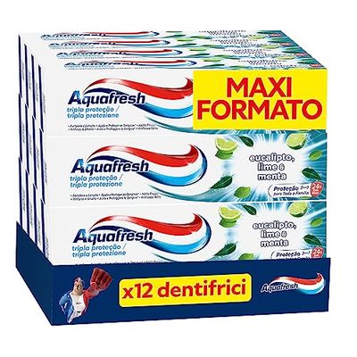 Aquafresh Dentifricio Tripla Protezione per tutta la Famiglia, Gengive Sane, Smalto Forte, Alito Fresco, Gusto Eucalipto Lime e Menta, Pacco da 12 x 75ml