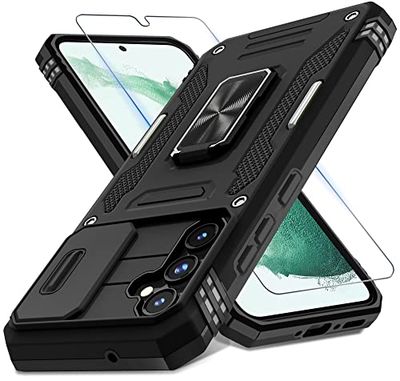 DEERLAMN Hoesje voor Samsung Galaxy A54 5G met schuifcamera-hoes en schermbeschermer (1 stuks), gedraaide ringstandaard, militaire kwaliteit, schokbestendige beschermhoes - zwart