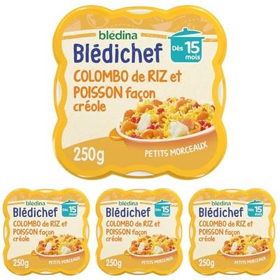 Blédina - Blédichef - Repas Bébé 15 Mois - Plat Bébé Colombo de Riz Poisson façon Créole - Petits Morceaux - 100% Ingrédients d'Origine Naturelle - Dès 15 Mois - 1 Assiette de 250g (Lot de 4)