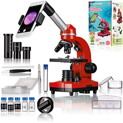Bresser Microscópio para estudantes Biolux Sel com suporte para smartphone, acessórios ricos e sistema de zoom barlow para crianças, iniciantes e adultos, cor vermelha