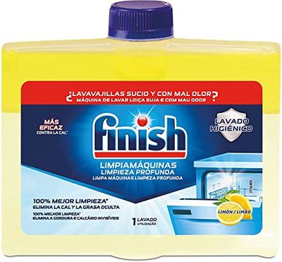 Finish Líquido para máquina de lavar louça, limpa máquina de lavar louça contra mau odor, cal e gordura da máquina de lavar louça, máquina de lavar louça, 250 ml limão, a embalagem pode variar
